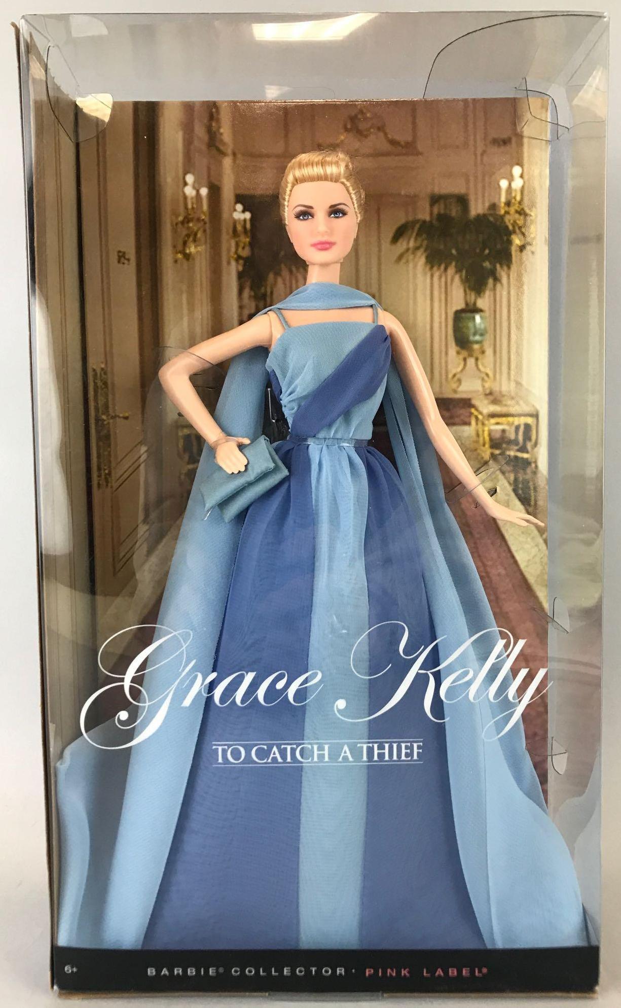 Pink Label Barbie Grace Kelly Fashion Doll: Wearing a recreation of the icy blue gown worn in To Catch A Thief. Approximately 11.5 inches, new in original box.