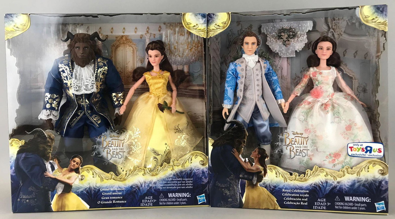 2 Hasbro The Beauty and The Beast Fashion Doll Sets: Includes Belle in her yellow gown with The Beast and Belle in a white floral gown with Prince Adam. Both new in original boxes. Approximately 11.5 inches tall.