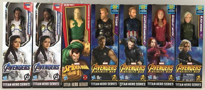 Group of 7 Hasbro Marvel Titan Hero Series action: Includes (2) Avengers Valkyrie, Spider-Man, Avengers Infinity War Thor, Captain America, Scarlet Witch, and Black Widow. 11.5 inch action figures new in original packaging