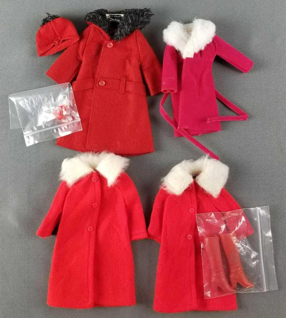 Group of vintage Barbie coats and accessories: Boots, shoes, hat.