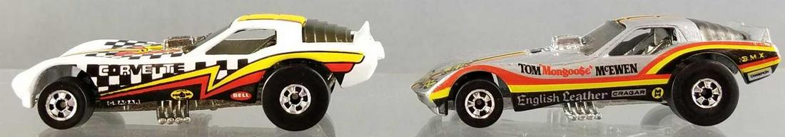 2 Hot Wheels die cast vehicles: Poppa Vette, Mongoose. 1977 Mattel