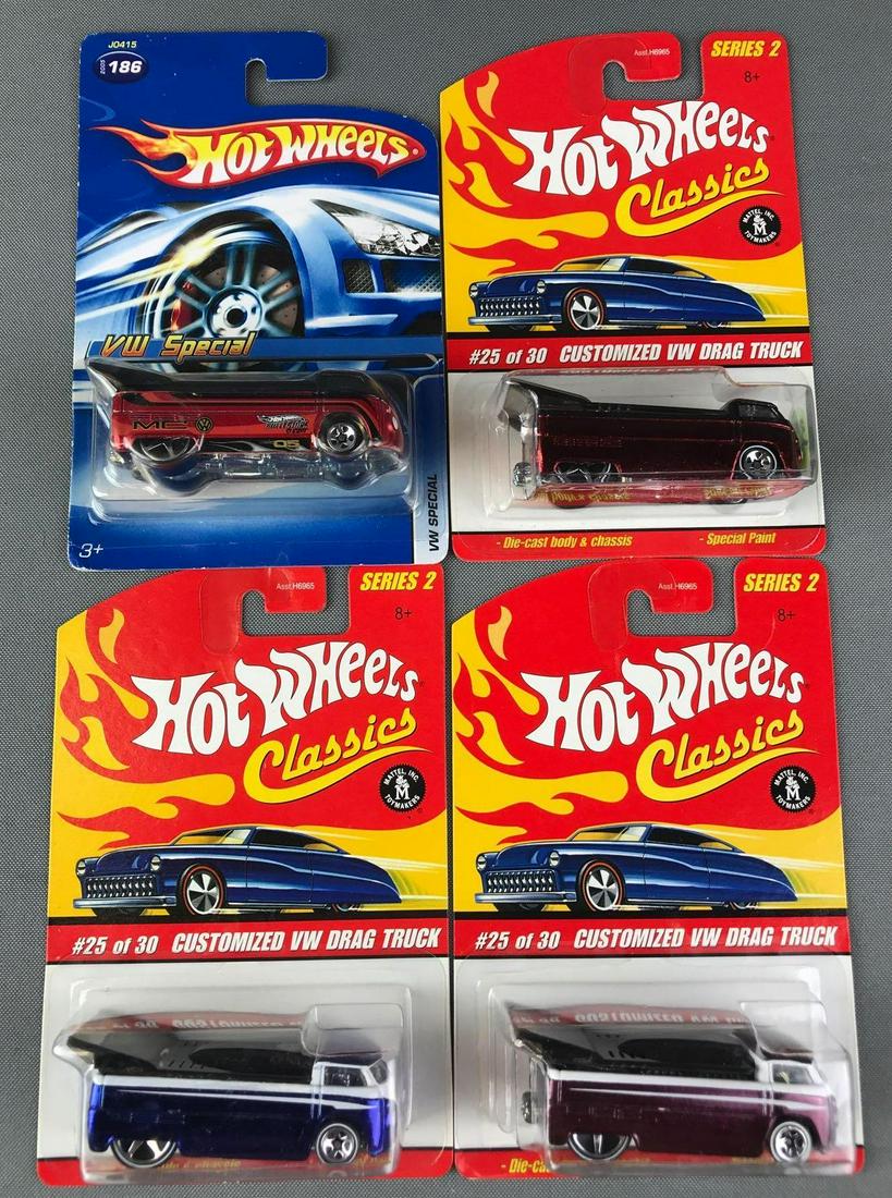 Group of 4 Mattel Hot Wheels Die Cast Vehicles: Includes VW Special and 3 series 2 Customized VW Drag Truck 25 of 30. New in original packaging.