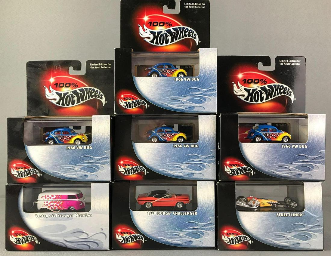Group of 7 Hot Wheels Die Cast Vehicles: Includes 4 1966 VW Bug, Vintage Volkswagen Microbus, 1970 Dodge Charger, and Streetliner. New in original packaging.