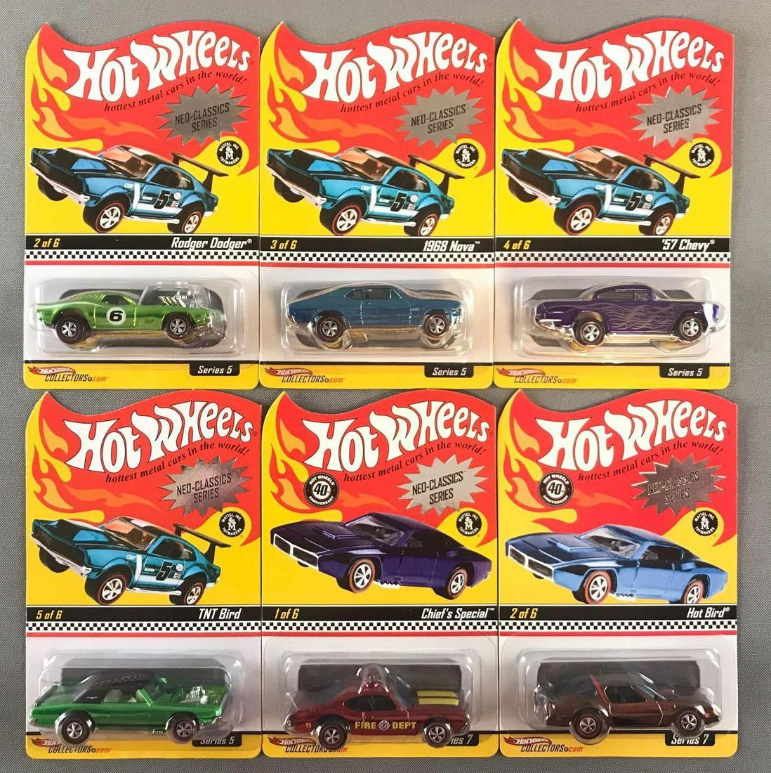 Group of 6 Hot Wheels Neo-Classics: Limited Edition, (4) Series 5-Rodger Dodger 05810/11000, 1968 Nova 04975/11000, 57 Chevy 07895/11000, and TNT Bird 07624/11000, (2) Series 7- Chiefs Special 05284/10000 and Hot Bird 04499/10000. Die-c