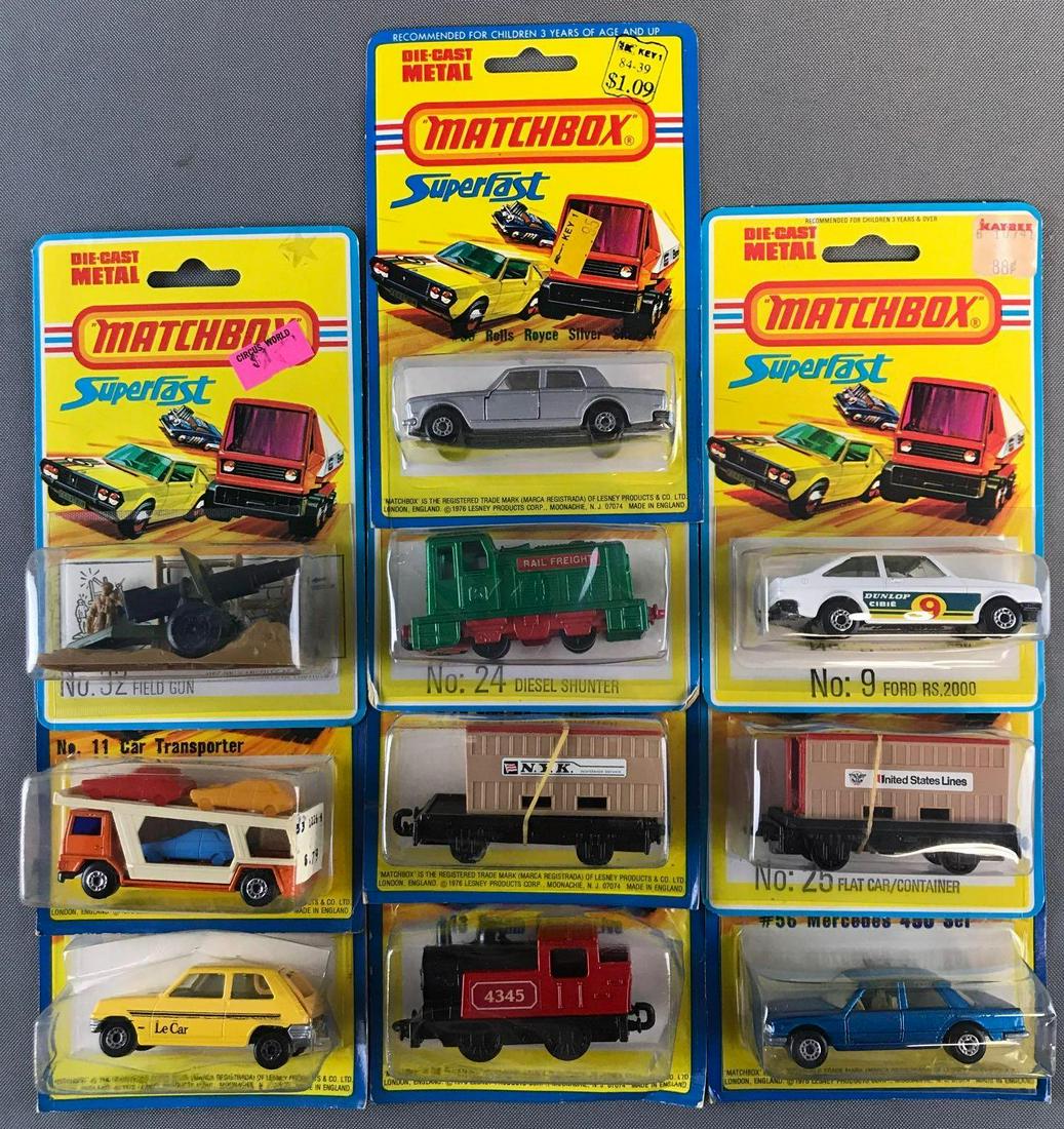 Group of 10 Matchbox Superfast die-cast vehicles: Includes No. 24 Diesel Shunter, No. 32 Field Gun, No. 11 Car Transporter, and more