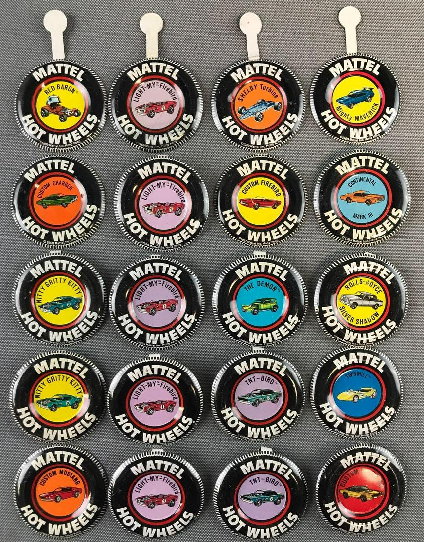 Group of 20 Hot Wheels Collector Buttons: 1967-1969, includes Twin Mill, Custom Charger, Mighty Maverick, and more