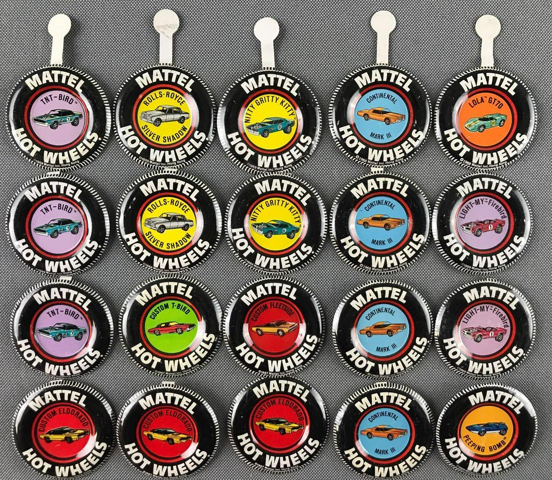 Group of 20 Hot Wheels Collector Buttons: Includes Peeping Bomb, Lola GT70, TNT-Bird, and more. 1967-1969