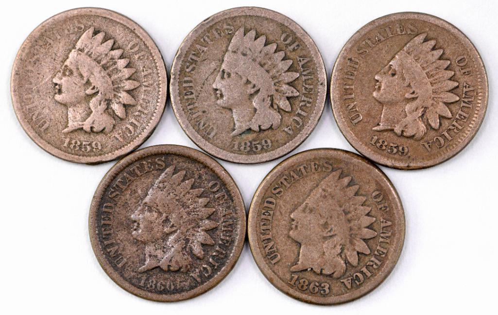 Group of (5) Copper Nickel Indian Head Cents (1 of 2)