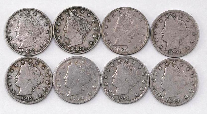 Group of (8) Liberty Head Nickels: Includes (3) 1883 NC, 1896, 1898, 1899 & 1912 D.
