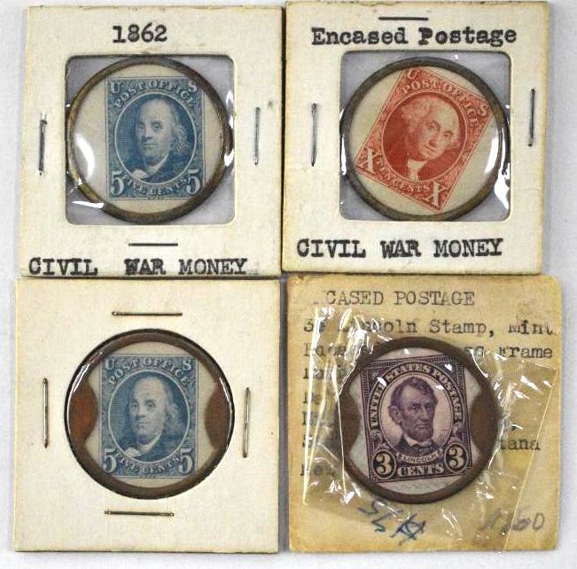 Group of (4) Vintage Encased Stamp Advertising Tokens (1 of 2)