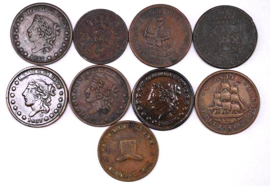 Group of (9) Hard Times & Trade Tokens (1 of 2)