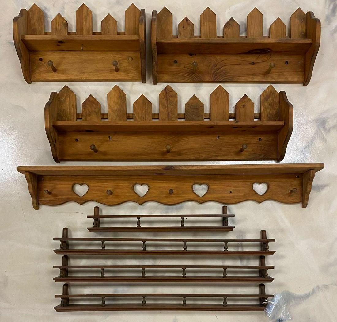Group of 8 Miscellaneous Wood Shelves: Longest is approximately 46 inches. Some glue or adhesive is stuck to the fence styled shelves. No Shipping