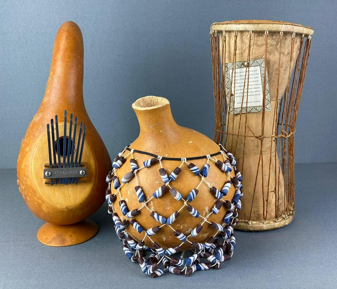 Group of 3 African Style Instruments: Includes drum, gourde shekere, and thumb piano