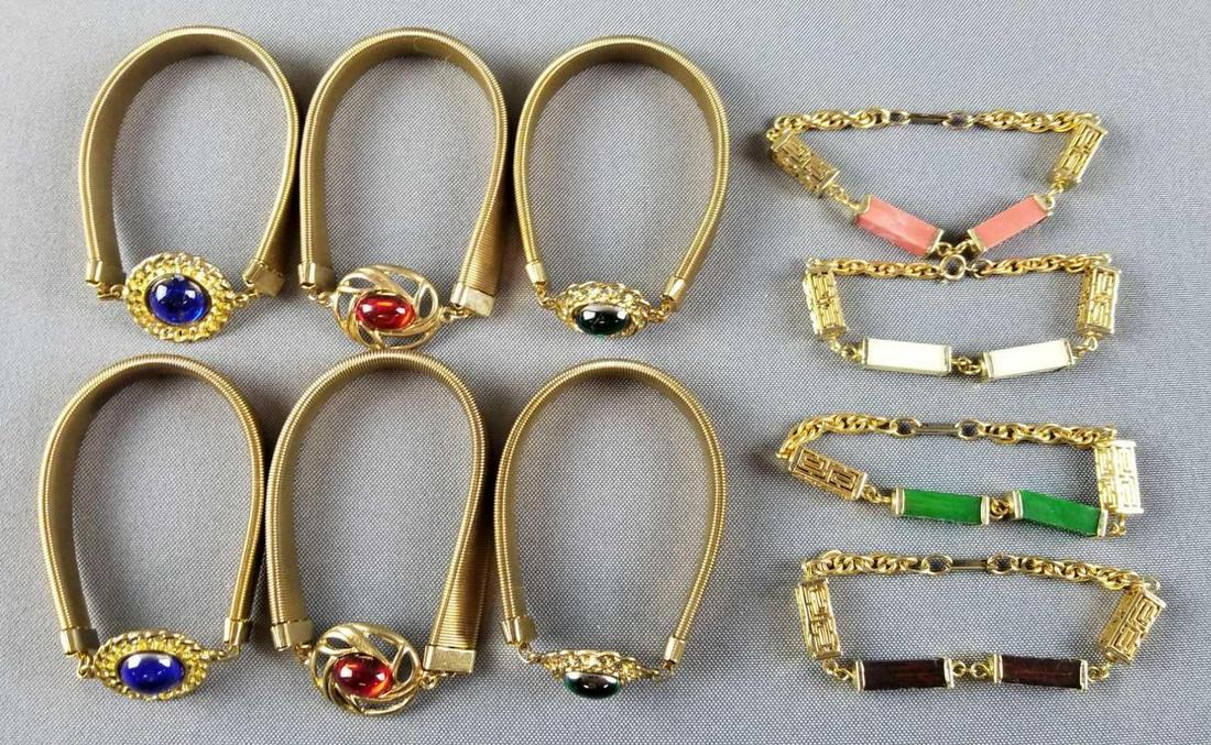 Group of gold tone bracelets: 10 bracelets, 6 stretch
