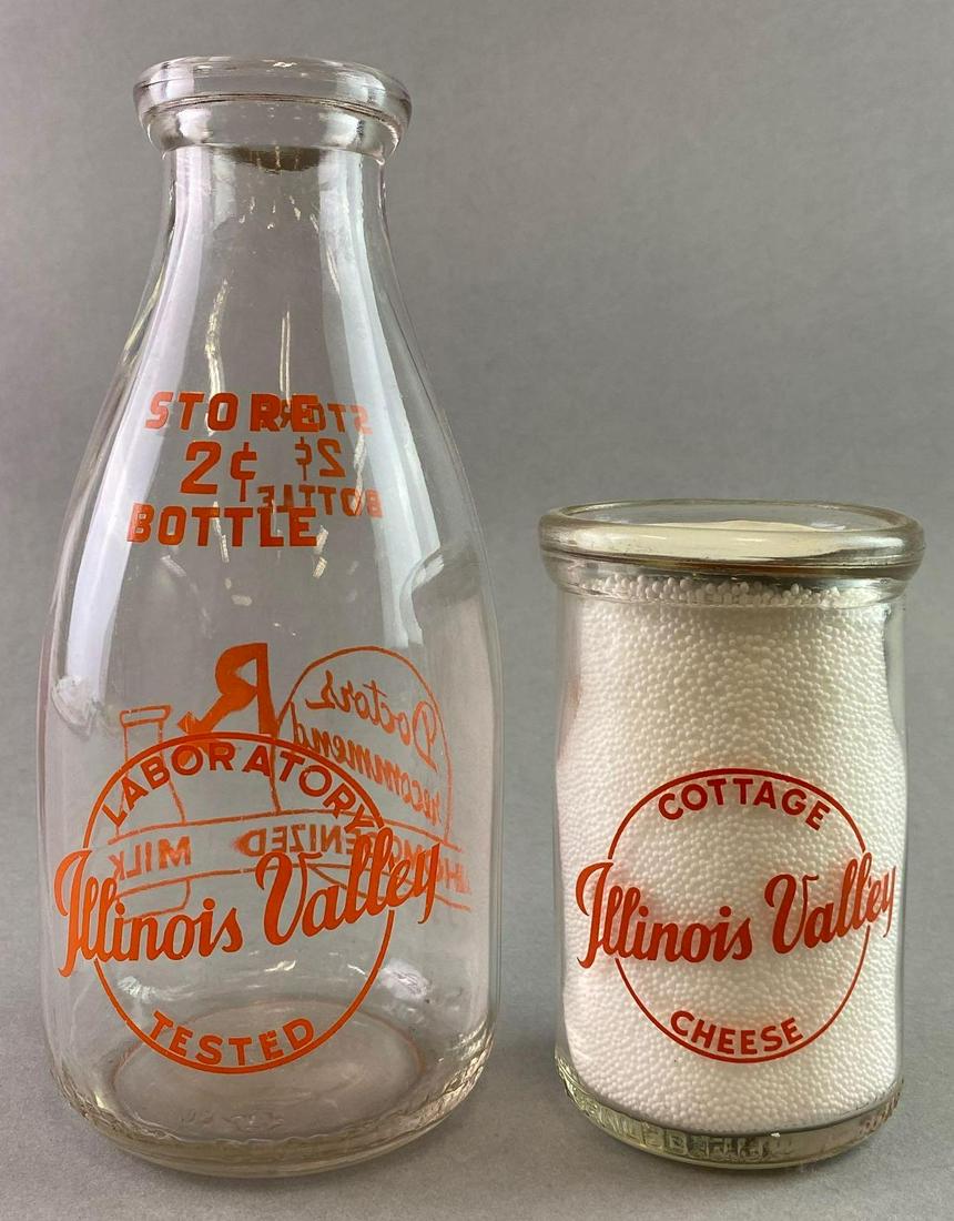 Group of 2 Illinois Valley Dairy Bottles: includes a 1 quart bottle and a cottage cheese bottle,