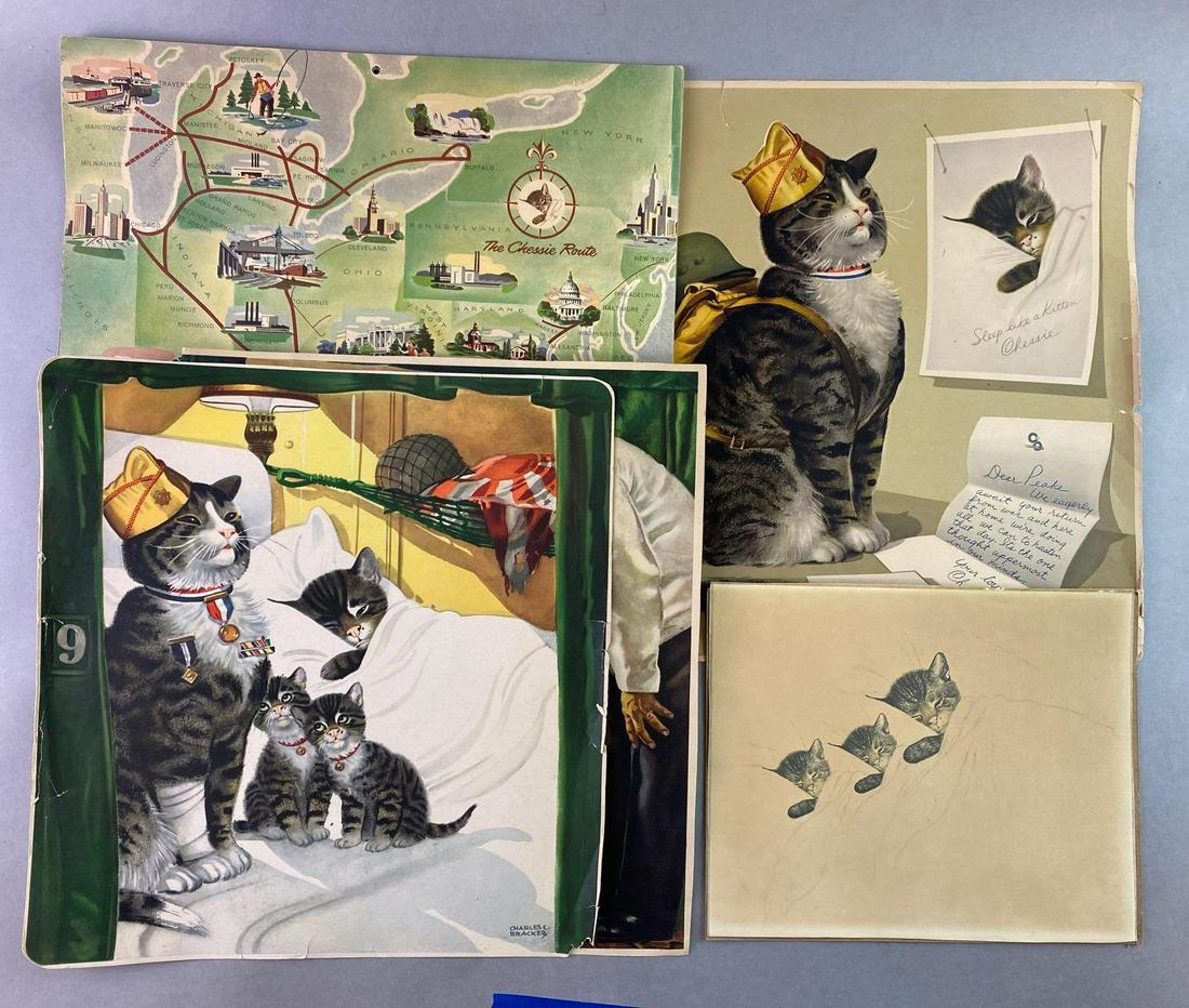 Group of 5 C&O Railroad Chessie and Peake Items: Includes complete 1961 C&O Railroad calendar, 3 WWII era prints, and a print of Chessie, Nip , and Tuck sleeping.