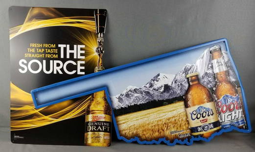 2 metal beer advertising signs: Coors, Miller. Coors sign has a scratch and is slightly bent. Miller is 18 x 24 inches