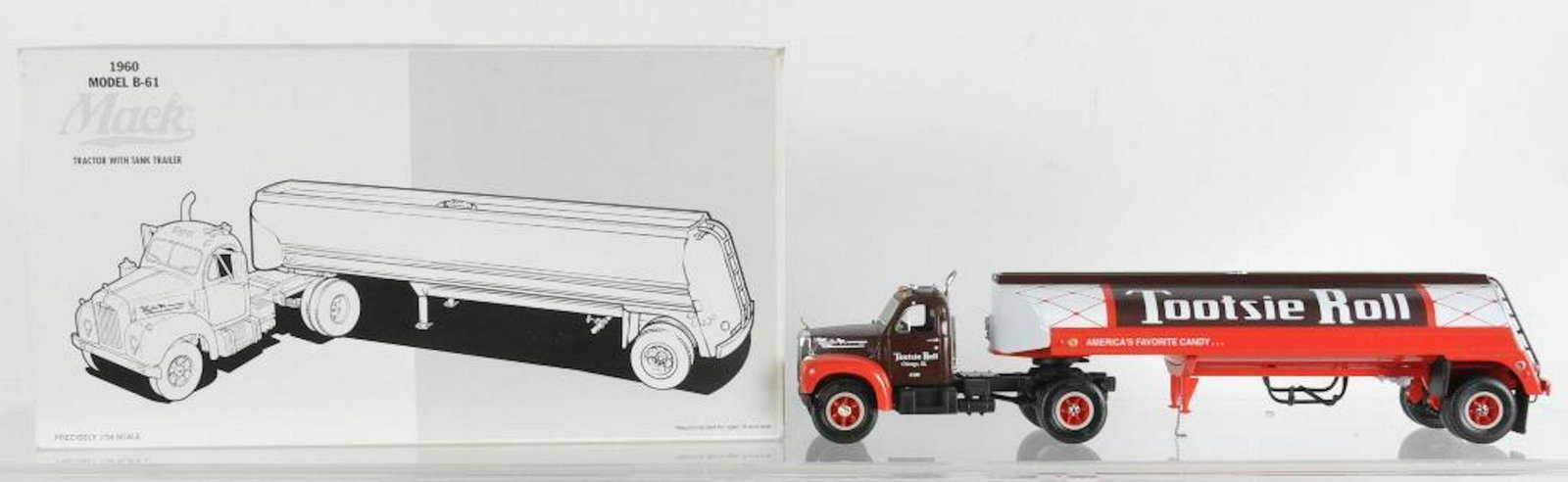 First Gear 1960 Mack Model B-61 Die-Cast Tractor and: Tootsie Roll Decals, Like New with Original Box, 1/34th Scale, Includes Mirrors