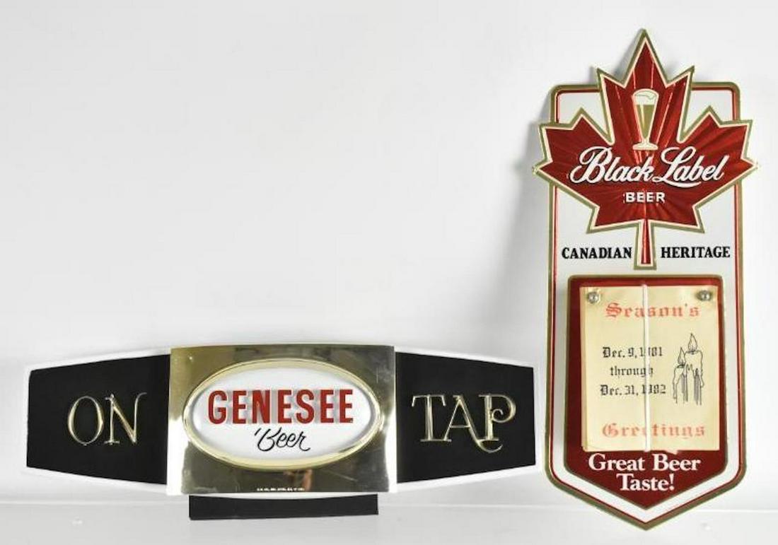 Group of 2 Genesee and Black Label Beer Advertising: Includes Genesee Cash Register Topper and Black Label Beer New Old Stock 1982 Calendar. Largest 16 x 6 inches