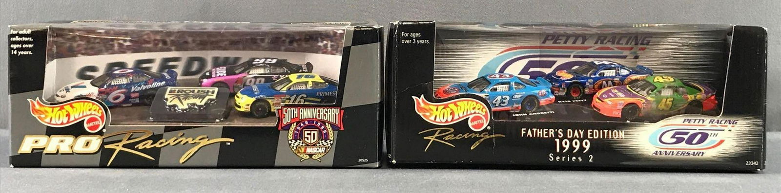 Group of 2 Hot Wheels NASCAR Racings: Includes Pro Racing Roush Racing special edition and 1999 Fathers Day Edition Series 2 Petty Racing 50th Anniversary die-cast, MIB.