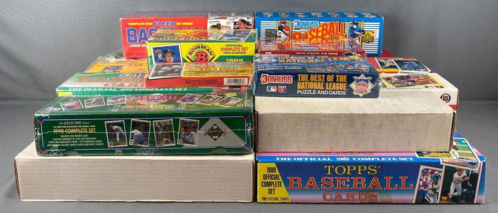 Group of 22 boxes of assorted baseball cards: Upper Deck 1990 complete set-sealed, Bowman 1989 Official Complete set-sealed, and much more