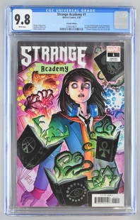 CGC Graded Marvel Comics Strange Academy No. 1 comic: CGC Universal Grade 9.8, White pages. May 2020, Variant Edition. Skottie Young story, Humberto Ramos art, Arthur Adams cover. 1st appearance of Emily Bright, Doyle Dormammu, Shaylee Moonpeddle,