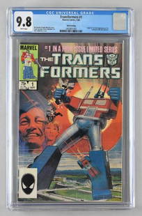 CGC Graded Marvel Comics Transformers No. 1 comic book: CGC Universal Grade 9.8, White pages. September 1984. Bill Mantlo and Ralph Macchio story, Frank Springer and Kim DeMulder art, Bill Sienkiewicz cover. Origin and 1st appearance of Autobots and the De