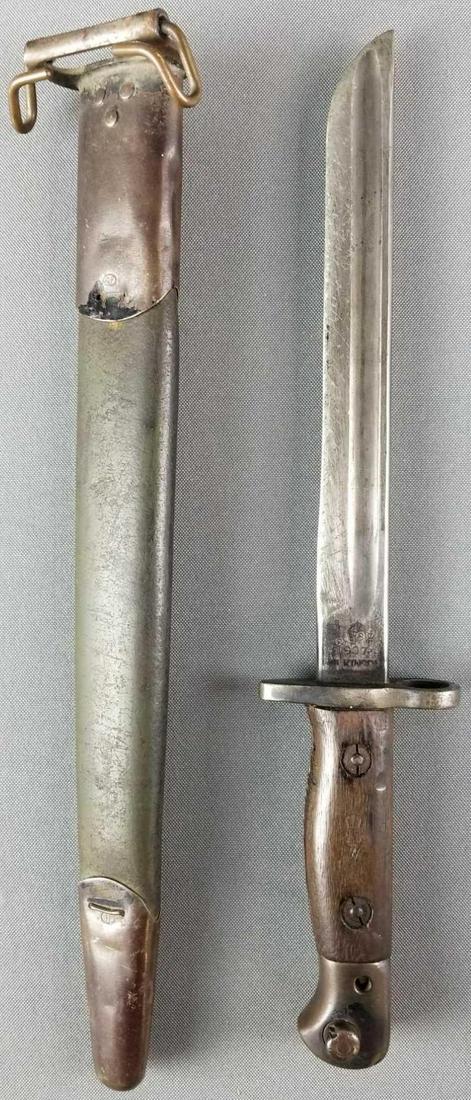 British Kinson Pattern 1907 Bayonet with sheath: Bayonet is 13 inches long. Blade has been filed down