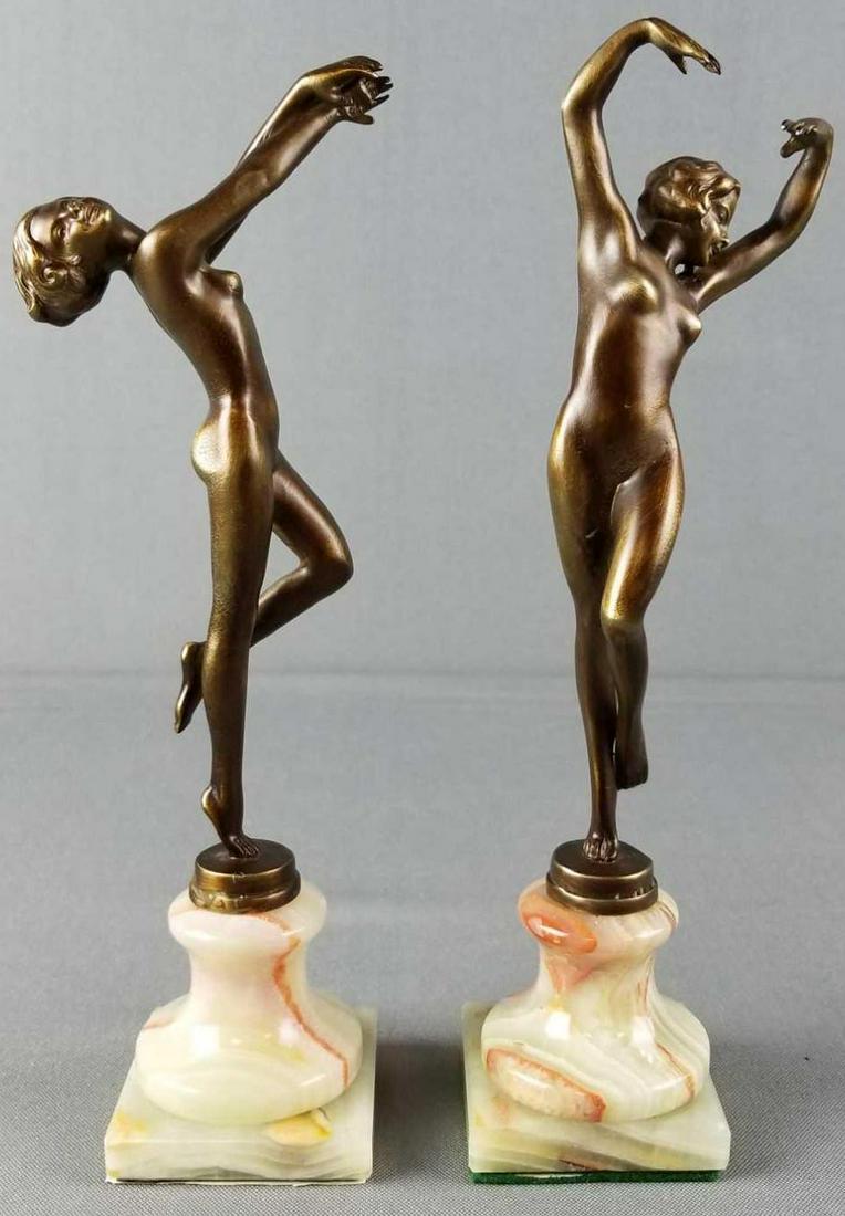 2 Art Nouveau Bronze statues of Women on marble base: Both marked Vivian. Possibly Josef Lorenzl. 9.25 inches tall
