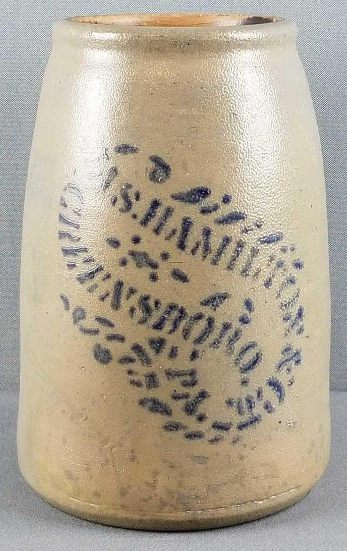Jas Hamilton cobalt decorated stoneware crock: Greensboro PA. 9.5 inches tall. Some wear around lip, no cracks.