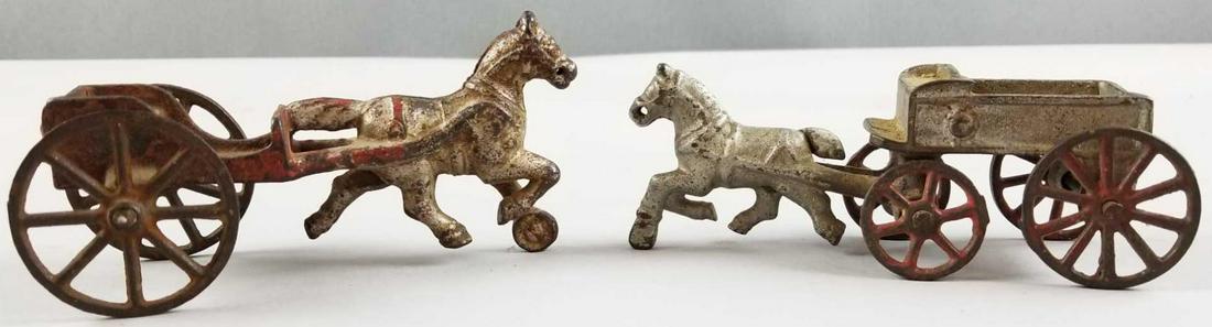Group of 2 Antique cast iron horse and cart toys: 5 x 2.5 inches