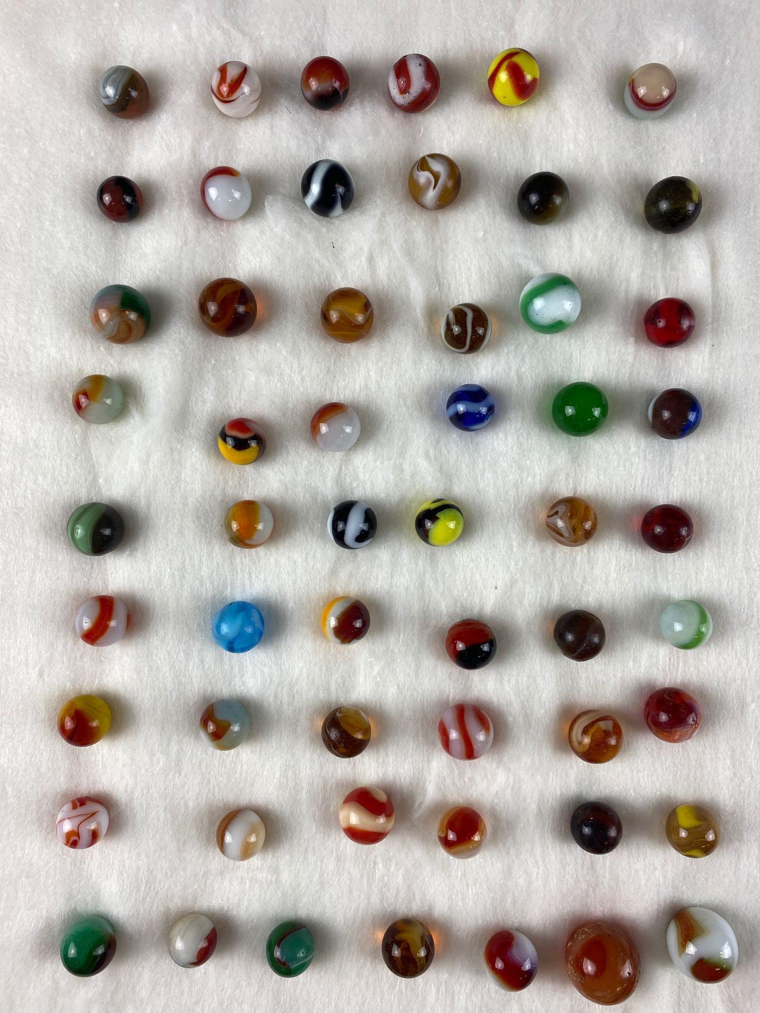 Group of assorted marbles: 55 total, assorted sizes, types, colors, makers