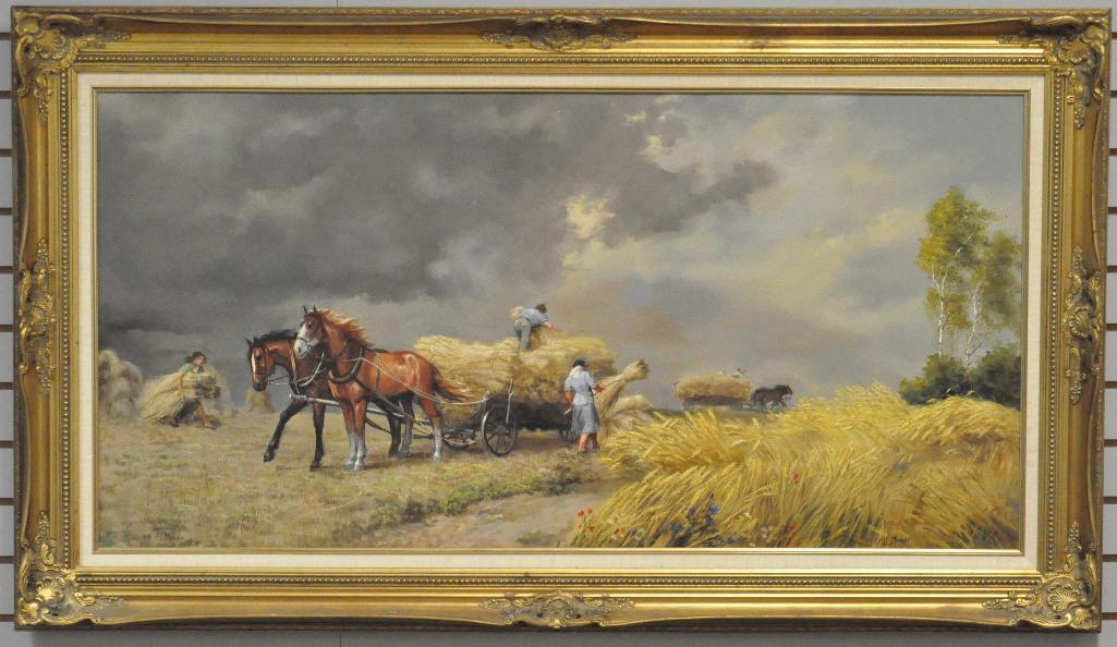 Original Oil on Canvas : Wiktor Mazur Farming Scene"": Original oil on canvas "Farming Scene" by Wiktor Mazur features a hurried attempt to get the hay in beforean approaching storm. Frame measures 56 x 31 inches, Canvas measures 48 x 24 inches. Due to th