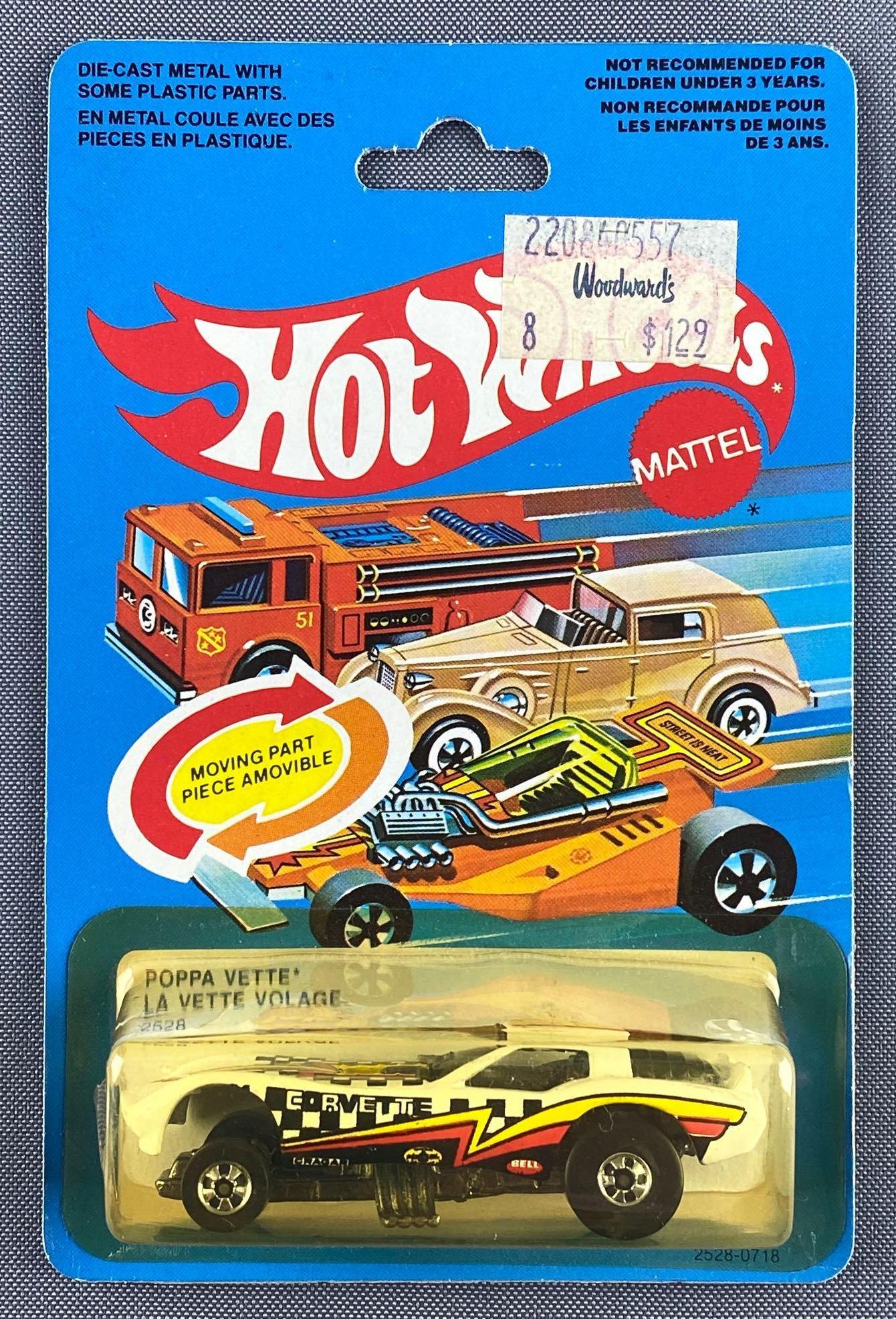 Hot Wheels No. 2528 Poppa Vette: Die-cast vehicle, new in original packaging, white body color. 1977 Mattel, Inc. Made in Malaysia