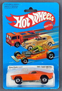 Hot Wheels No. 3364 Dixie Challenger: Die-cast vehicle, new in original packaging, orange body color. 1970 Mattel, Inc. Made in Malaysia