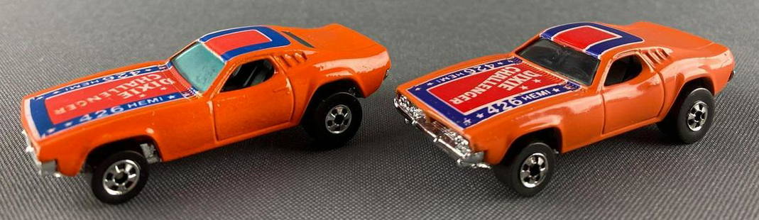 Group of 2 Hot Wheels Dixie Challenger: Die-cast vehicles, out of package, orange body color. 1982 Mattel, Inc. Made in India, Malaysia