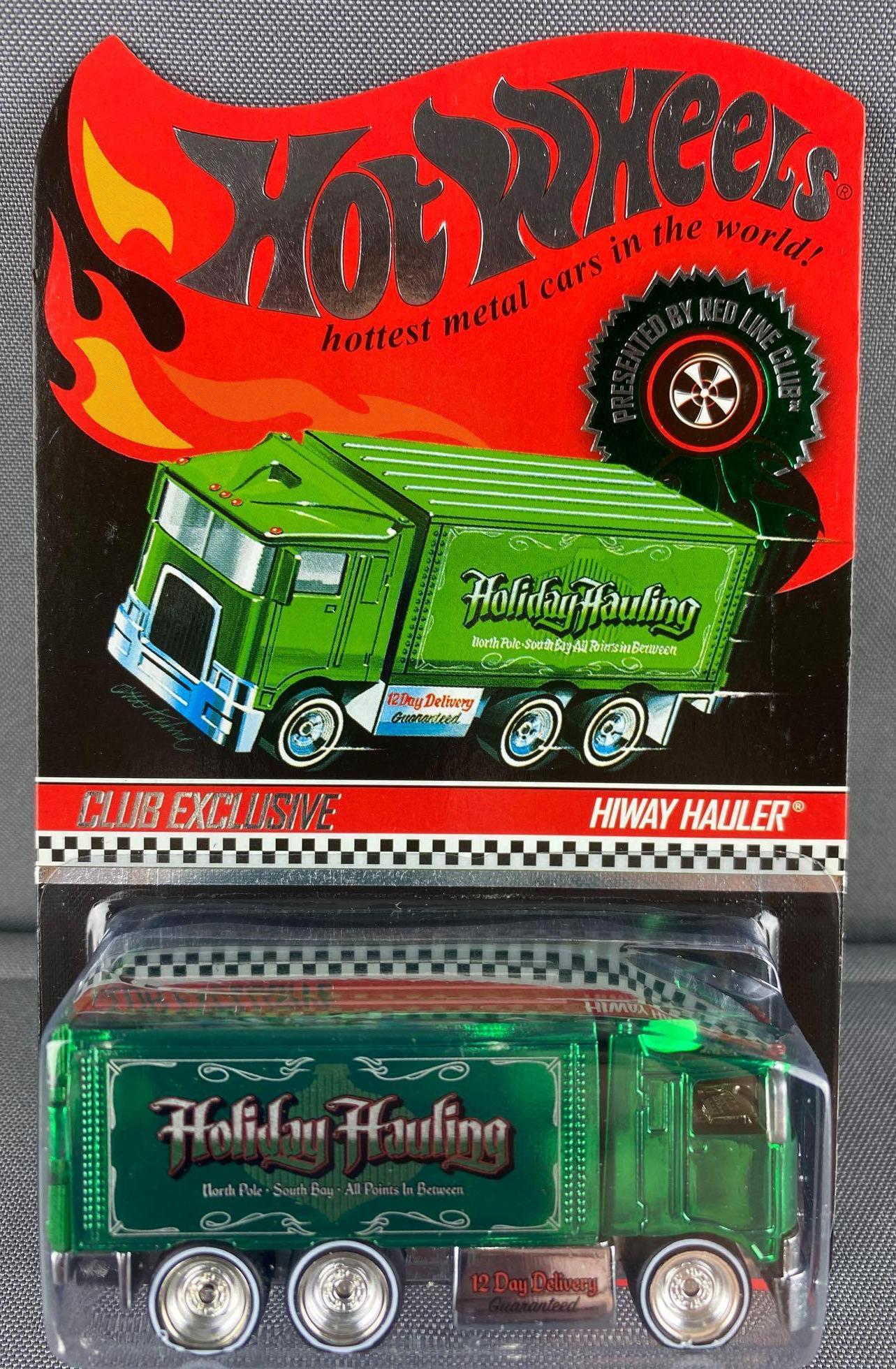 Hot Wheels Red Line Club Exclusive Hiway Hauler: 2010 Holiday Car, die-cast vehicle, new in original packaging, green body color. Limited Edition 01129/05500, 2010 Mattel, Inc