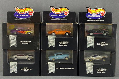 Group of 6 Hot Wheels Collectibles die-cast vehicles: Includes 1969 Oldsmobile 442, 53 Chevy Lowrider, 1969 Buick Riviera Lowrider and 1955 Chevy Bel Air. New in original factory sealed packaging. Mattel, Inc.