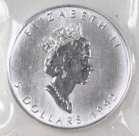 1992 $5 Canada Maple Leaf 1oz. .9999 Fine Silver (1 of 2)
