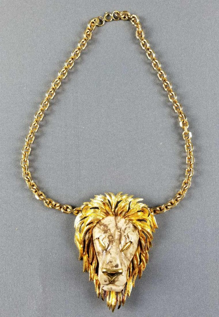 Gold tone necklace with large lion pendant (1 of 3)