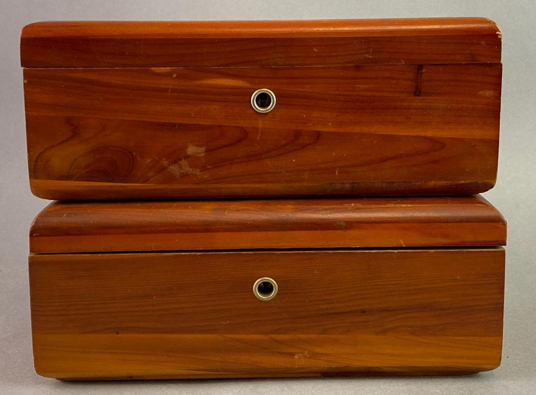 Group of 2 Cedar Boxes by Lane Cedar Chests: Measures approximately 3 1/2 inches tall, 9 inches wide, and 5 inches deep. No keys