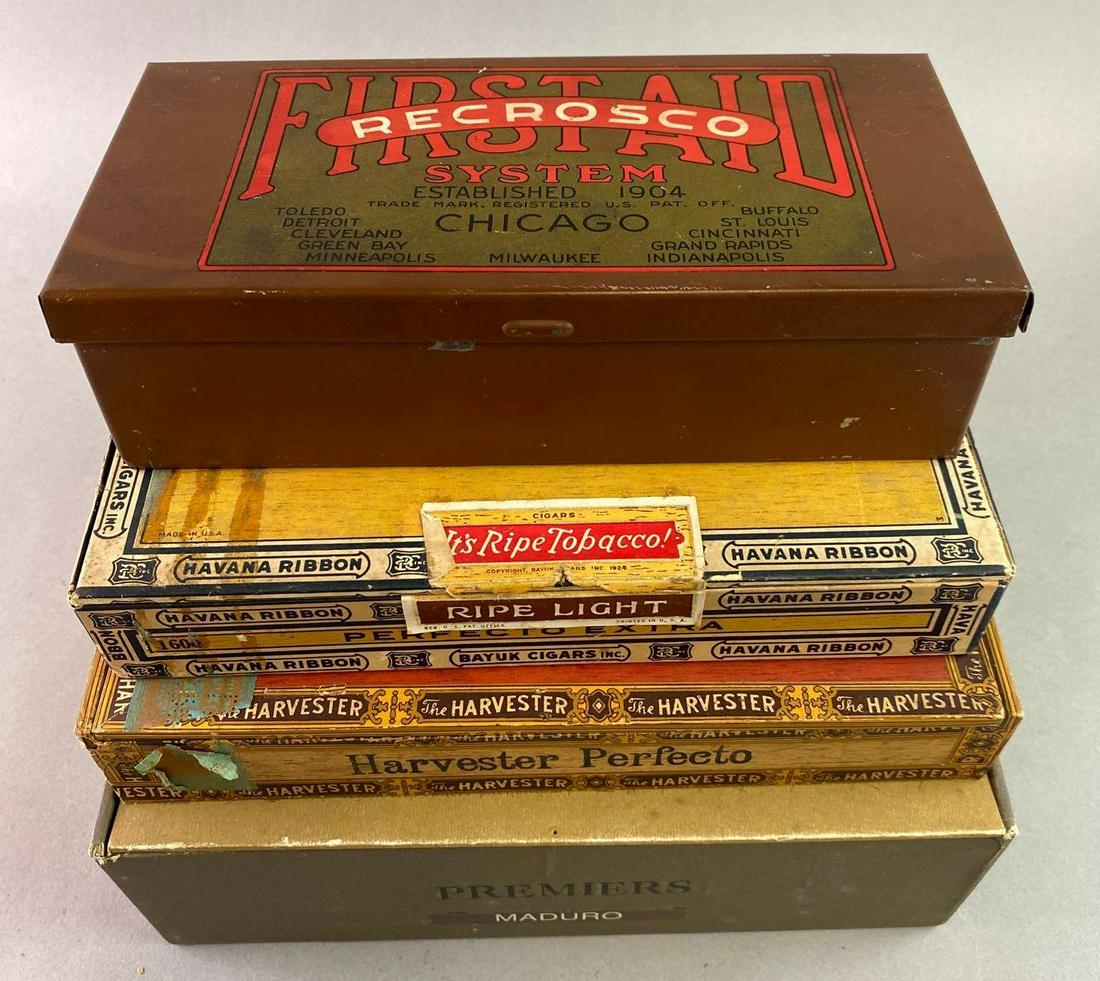 Group of 4 Cigars Boxes First Aid Box: The Harvester Cigar Box Tax Stamp is dated 1926. The Premiers Maduro box measures approximately 7 3/4 x 9 1/2 inches.