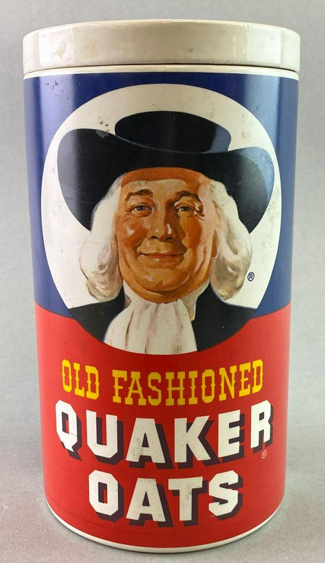 Old Fashioned Quaker Oats Cookie Jar: Measures approximately 9 1/2 inches tall by 5 1/4 inches wide. Has two chips in the rim.