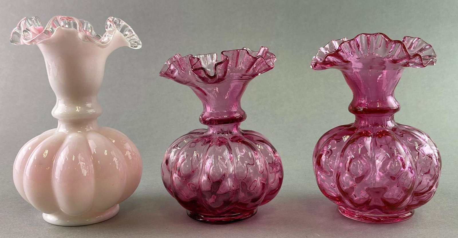 Group of 3 Fenton Glass Ruffled Rim Vases: The tallest measures approximately 6 1/2 inches tall.