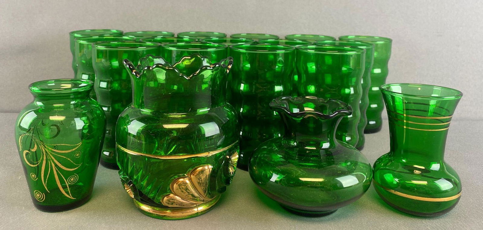 19 piece group of Emerald Green glass tumblers, vases (1 of 3)