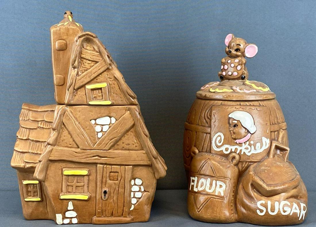 Group of 2 Twin Winton Cookie Jars: Cookie Shack-appx 8.5x12 inches and Mouse in Barrel-appx 7x11 inches, chip in lid