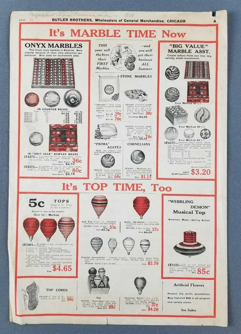 Marble advertising Butler Brothers wholesale: Double sided advertisement showcasing marbles and tops, circa 1929