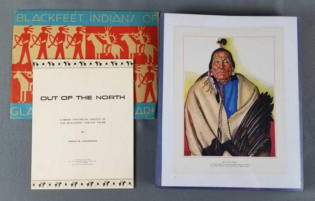 Blackfeet Indians of Glacier Park prints and story: Drawn by Winold Reiss, story by Frank Bird Linderman. Prints are 9 x 12 inches. Copyright 1940 by the Great Northern Railway. Complete set of 24 prints