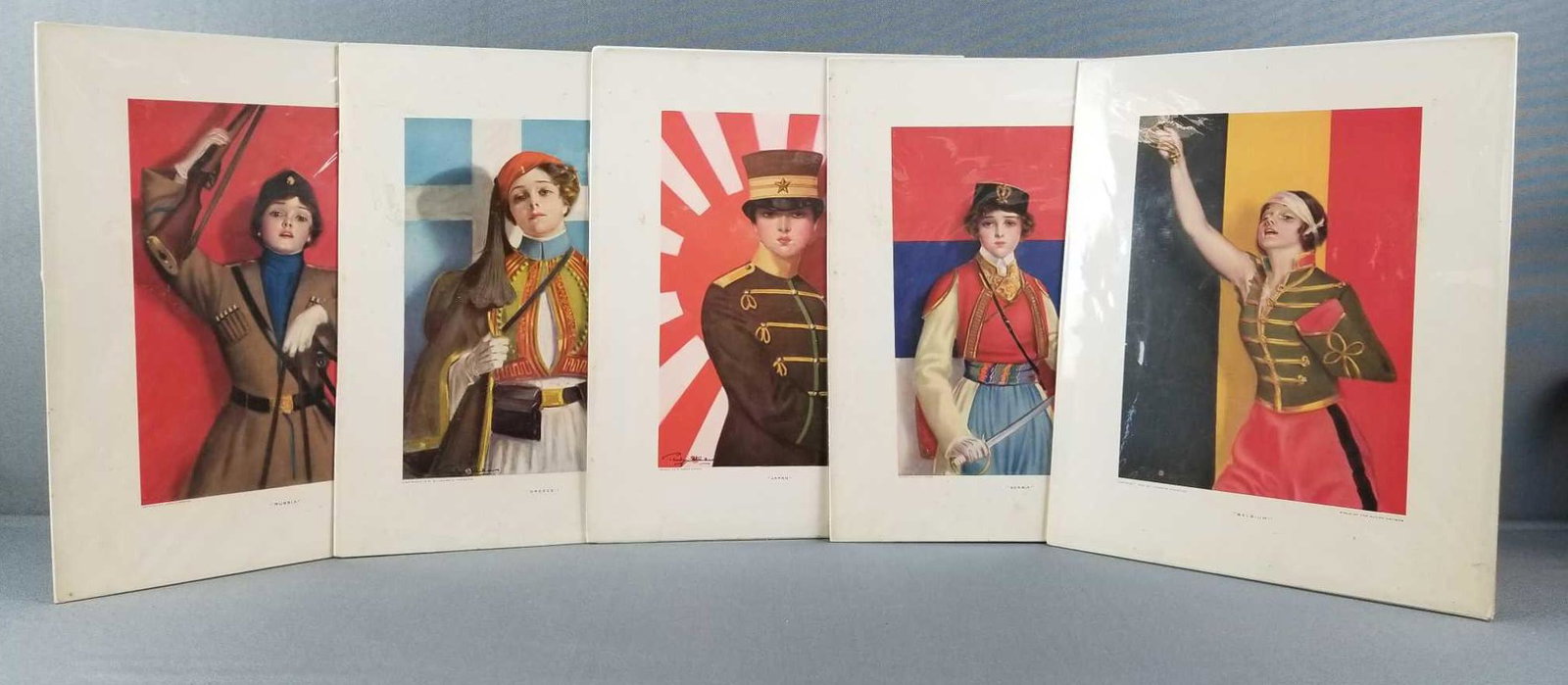 Group of 5 Hearst Magazine Girls of the Allied Nations: Copyright 1918. Artist Penrhyn Stanlaws. 11 x 14 inches. Includes Russia, Belgium, Serbia, Japan, Greece.