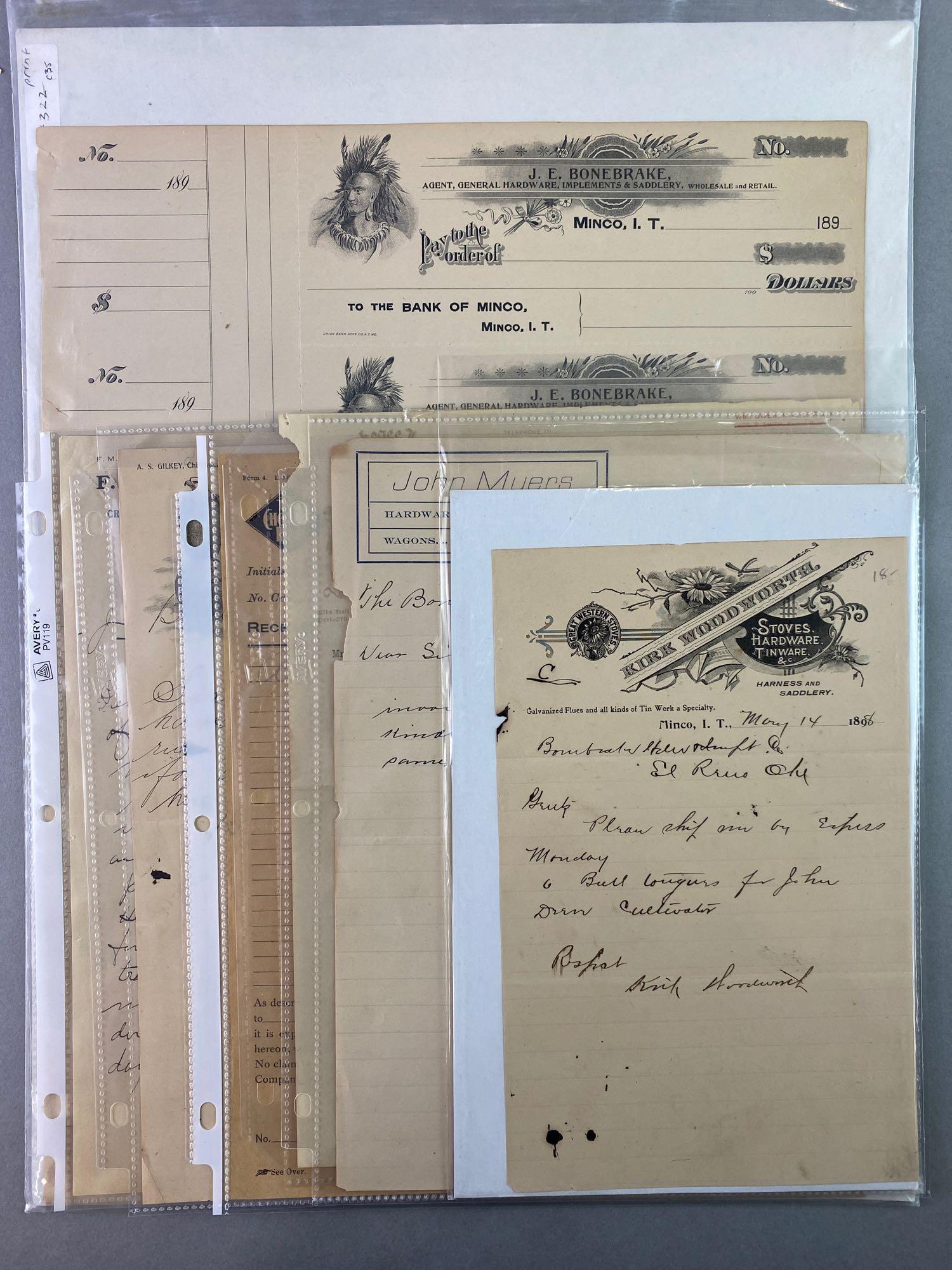 Group of 7 Indian Territory Ephemera: Includes bank checks and business correspondence on letterhead from the Minco Indian Territory and the Muskogee Indian Territory.